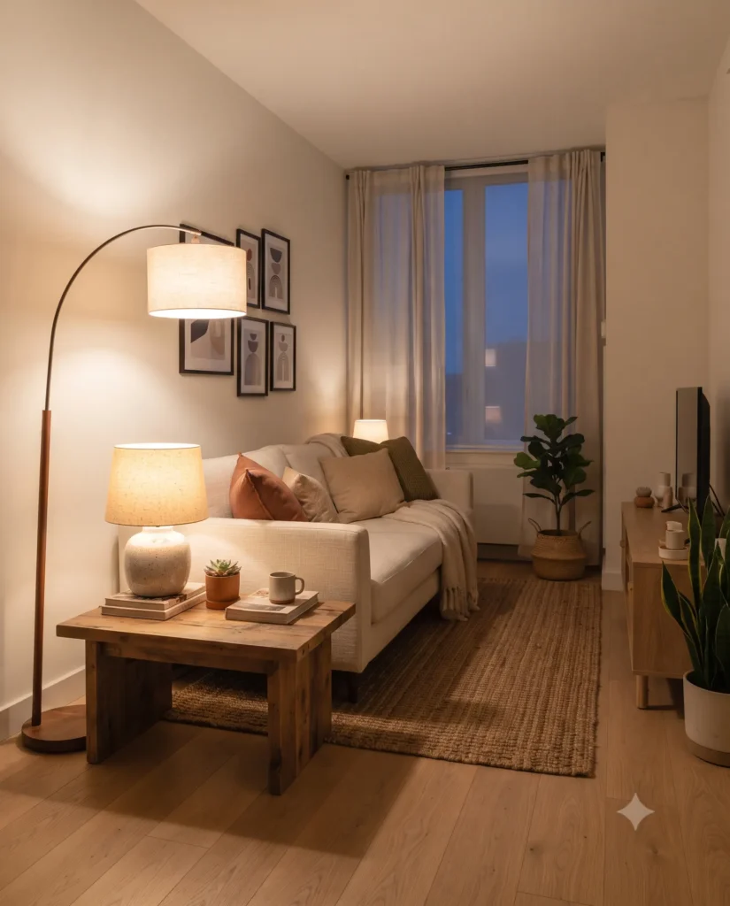 Renter-Friendly Decor: 23 Best Ideas That Won’t Damage Walls 12 A small, inviting living room in a rental apartment illuminated by a warm floor lamp and table lamp, featuring a neutral sofa, rustic coffee table, and a large window at dusk.