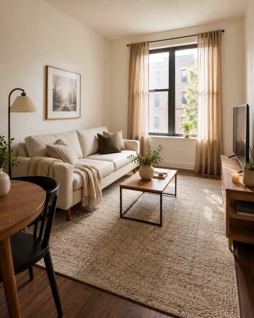 Renter-Friendly Home Upgrades: 19 Smart Ideas for Apartments 7 Small renter-friendly living room with a large beige area rug anchoring the sofa and coffee table