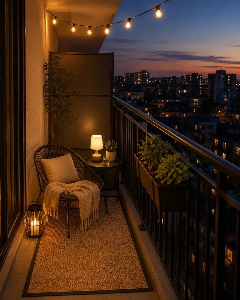 Small apartment balcony at dusk with warm string lights, a table lamp, LED lantern, chair, and city lights