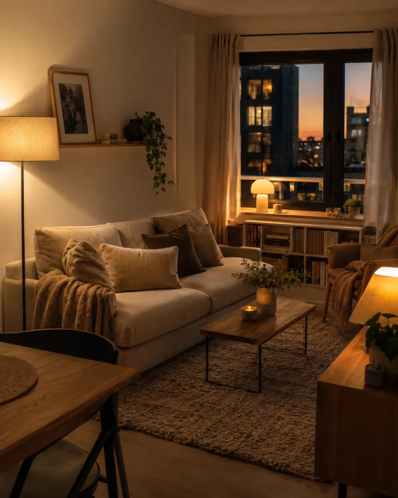 Renter-Friendly Home Upgrades: 19 Smart Ideas for Apartments 18 Cozy renter living room at dusk with layered lighting from a floor lamp, table lamps, and a small accent lamp