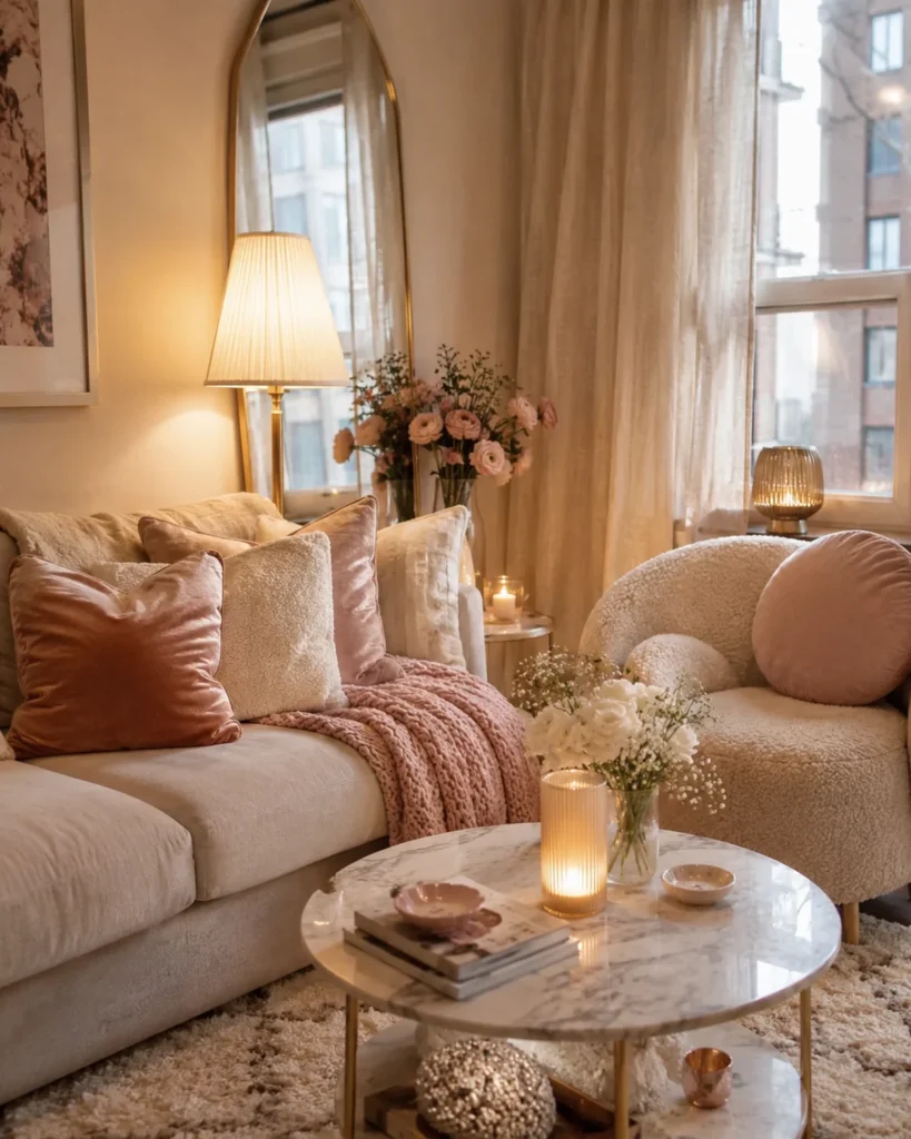 19 Girly Apartment Decor Ideas for a Stunning Cozy Aesthetic 6 Cozy girly apartment corner with blush pillows, knit throw, linen curtains, and boucle chair