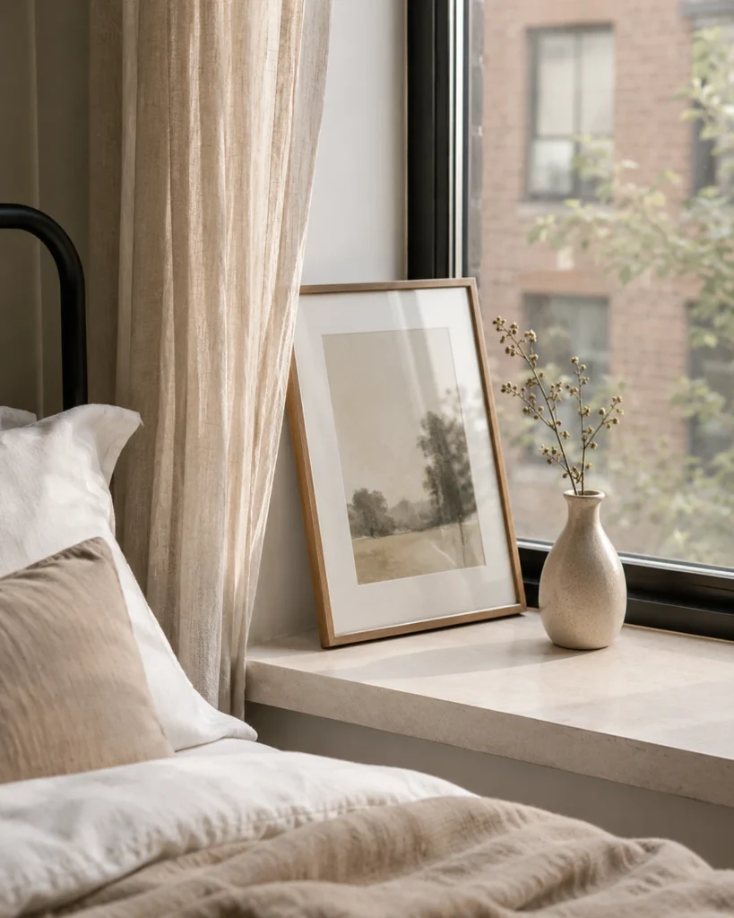 Small framed art print leaning on an apartment window sill beside a ceramic bud vase and linen curtain
