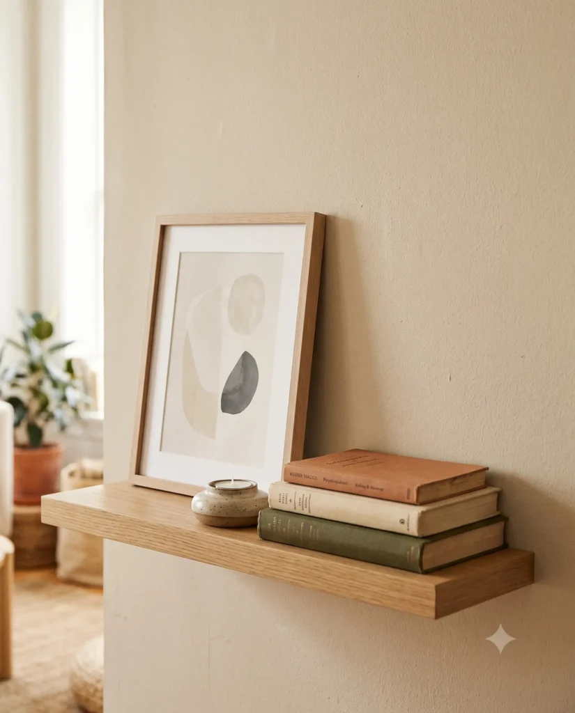A minimalist wood floating shelf featuring a leaning framed abstract art print, a small ceramic candle holder, and a stack of three vintage books.