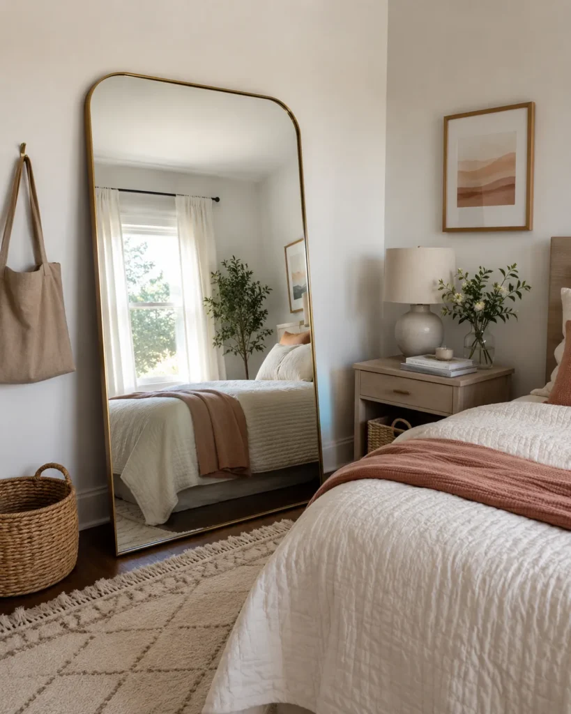 Renter-Friendly Decor: 23 Best Ideas That Won’t Damage Walls 5 Large leaning floor mirror in a small rental bedroom with soft neutral bedding, woven baskets, and natural window light