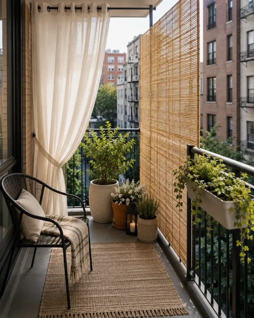 Tiny apartment balcony with a light bamboo privacy screen, cream outdoor curtain, compact chair, neutral rug, and grouped planters