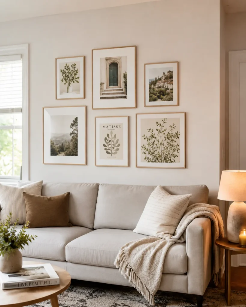 Renter-Friendly Decor: 23 Best Ideas That Won’t Damage Walls 4 Renter-friendly living room with lightweight framed art above a neutral sofa