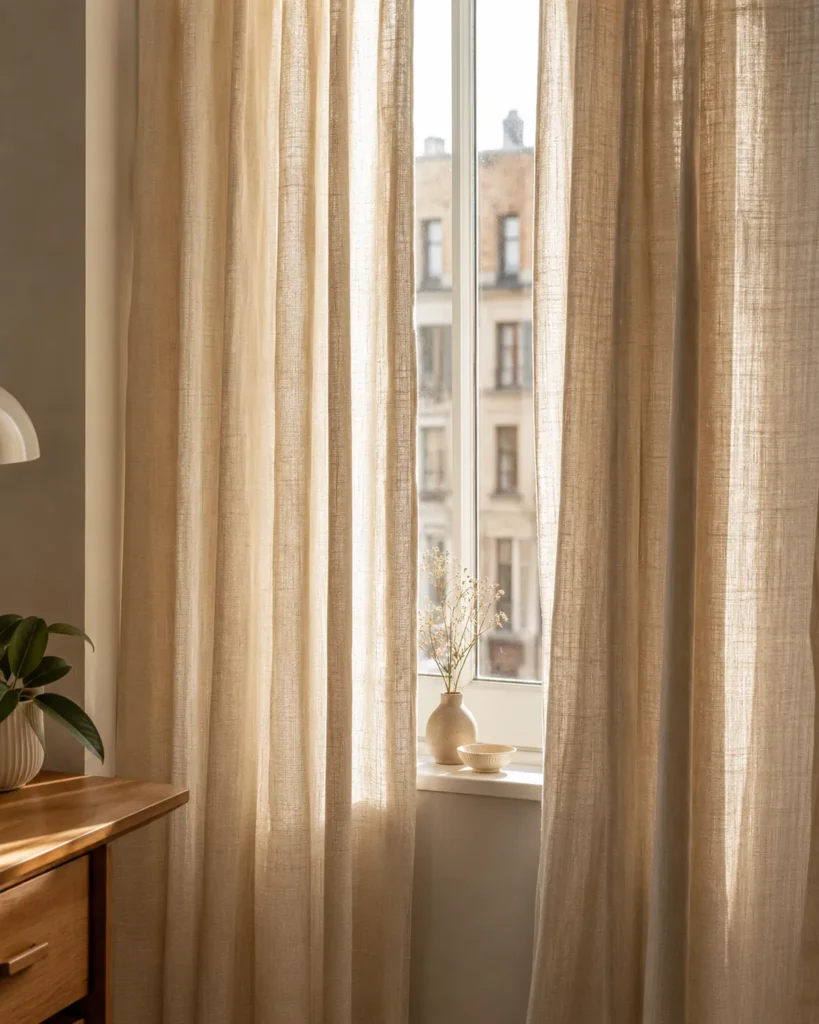 Soft linen curtains framing a narrow apartment window sill in warm natural daylight