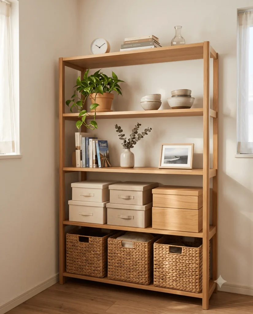 A natural wood open shelving unit is styled with books, ceramic bowls, storage boxes, and woven rattan baskets, set against white walls in soft daylight.