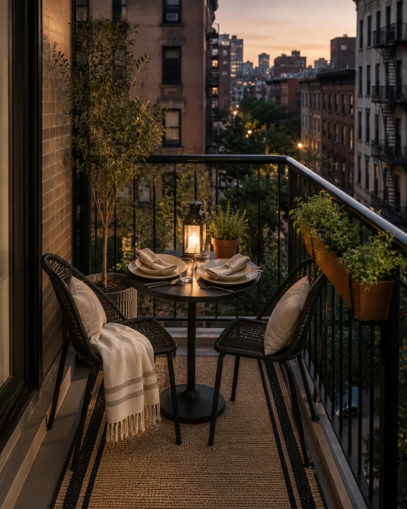 Tiny apartment balcony with a small round table, two slim black chairs, cream tableware, linen napkins, and a warm LED lantern