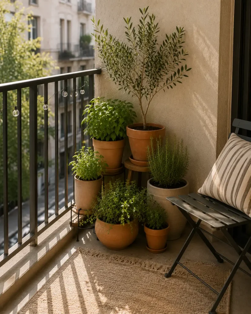 Small apartment balcony plant corner with terracotta pots, ceramic planters, herbs, and leafy greenery