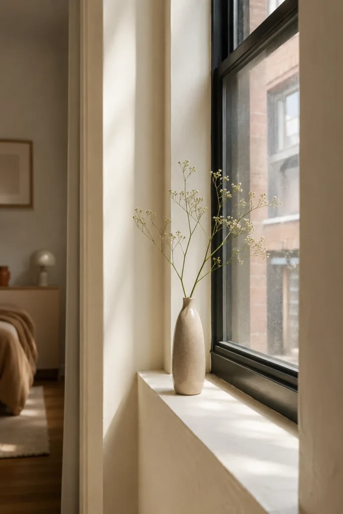 Small ceramic vase with delicate airy stems on a narrow apartment window sill