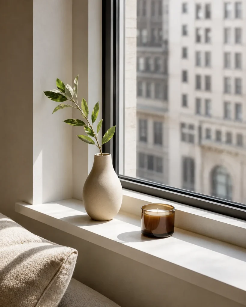 Minimal apartment window sill with a neutral vase, leafy stem, amber candle, and open negative space