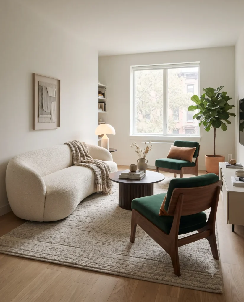 Renter-Friendly Decor: 23 Best Ideas That Won’t Damage Walls 11 A curated modern living room features a textured bouclé sofa and two mid-century style green velvet chairs around a fluted coffee table.