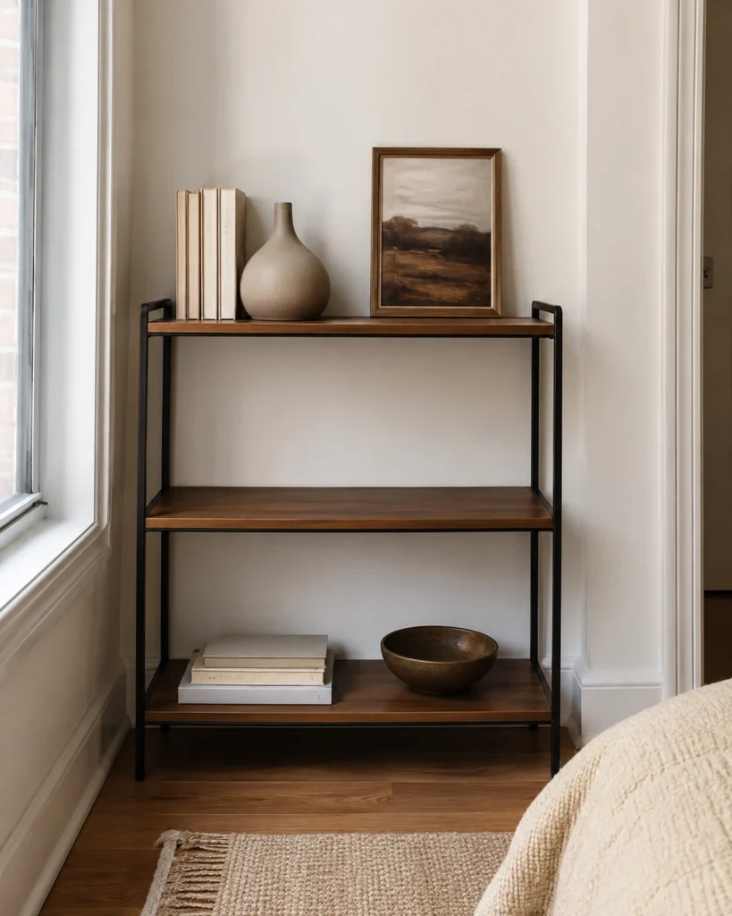 Small apartment shelf styled with neutral books, a ceramic vase, framed art, and open space between decor pieces