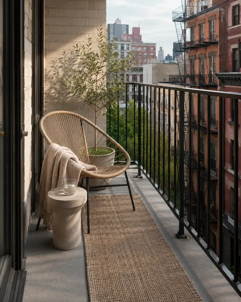 Narrow apartment balcony with a woven chair, compact round side table, neutral throw, potted plant, and slim outdoor rug