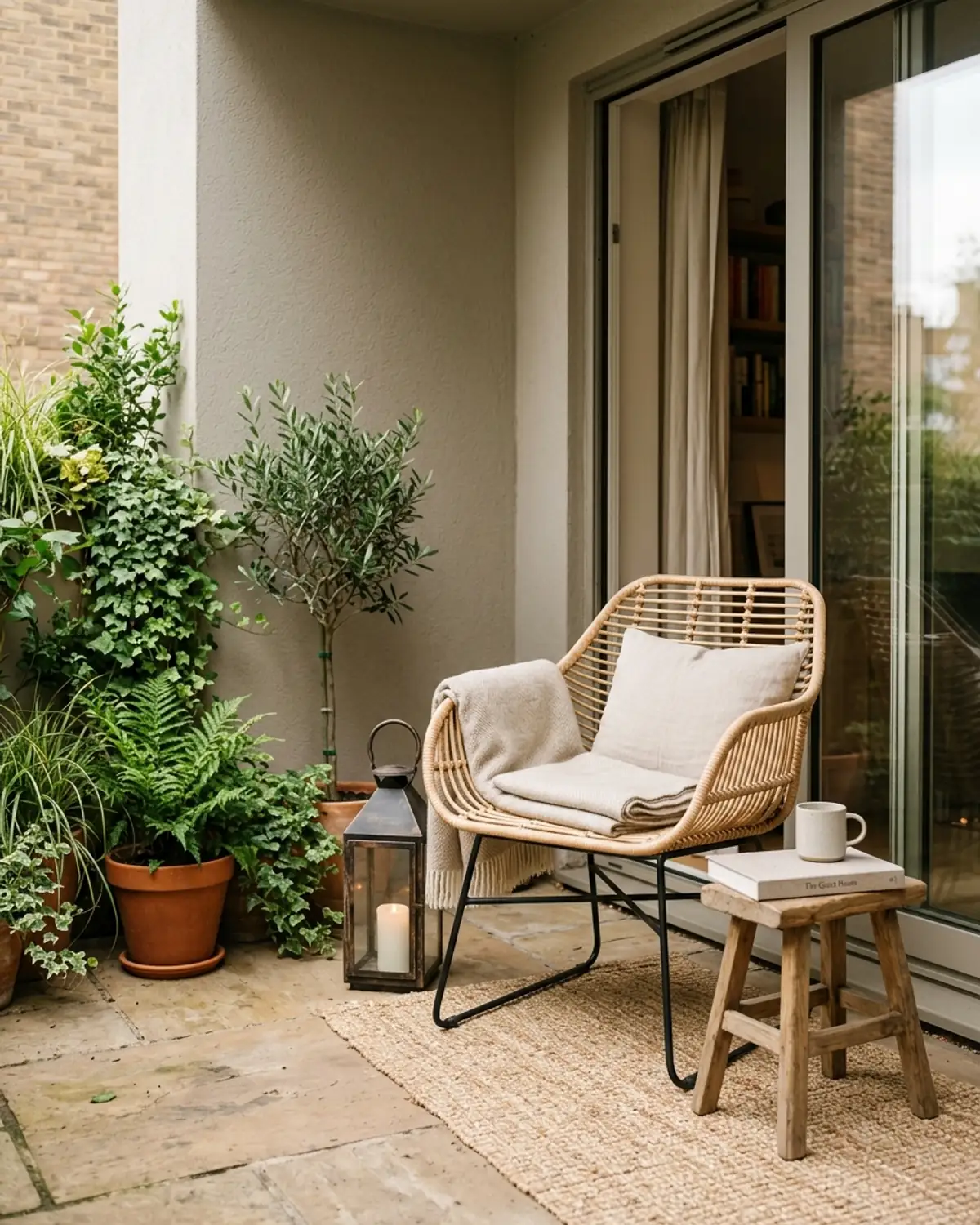 Cozy one-chair reading nook with a stool, throw, and plants on a tiny apartment patio