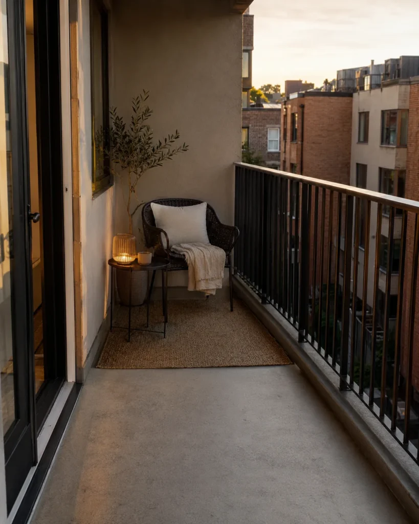 Small apartment balcony with one cozy seating corner, compact side table, neutral rug, single plant, and an open walkway