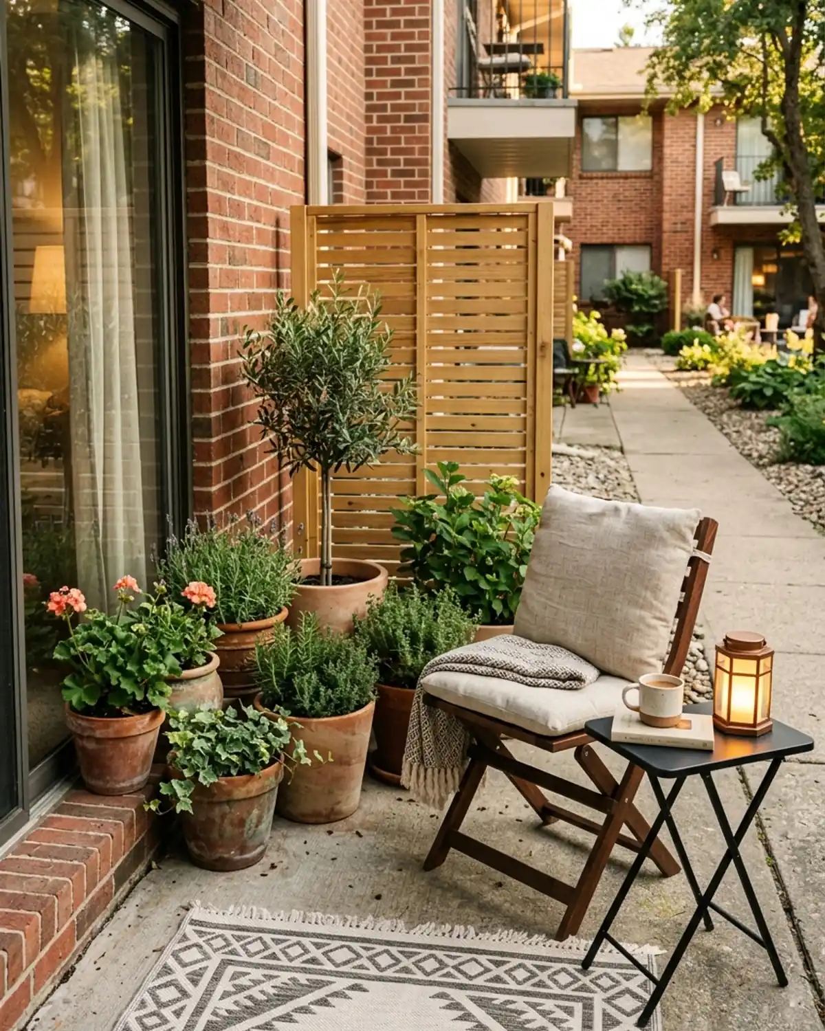 Tiny apartment patio with one cozy seating zone and a visible open floor area