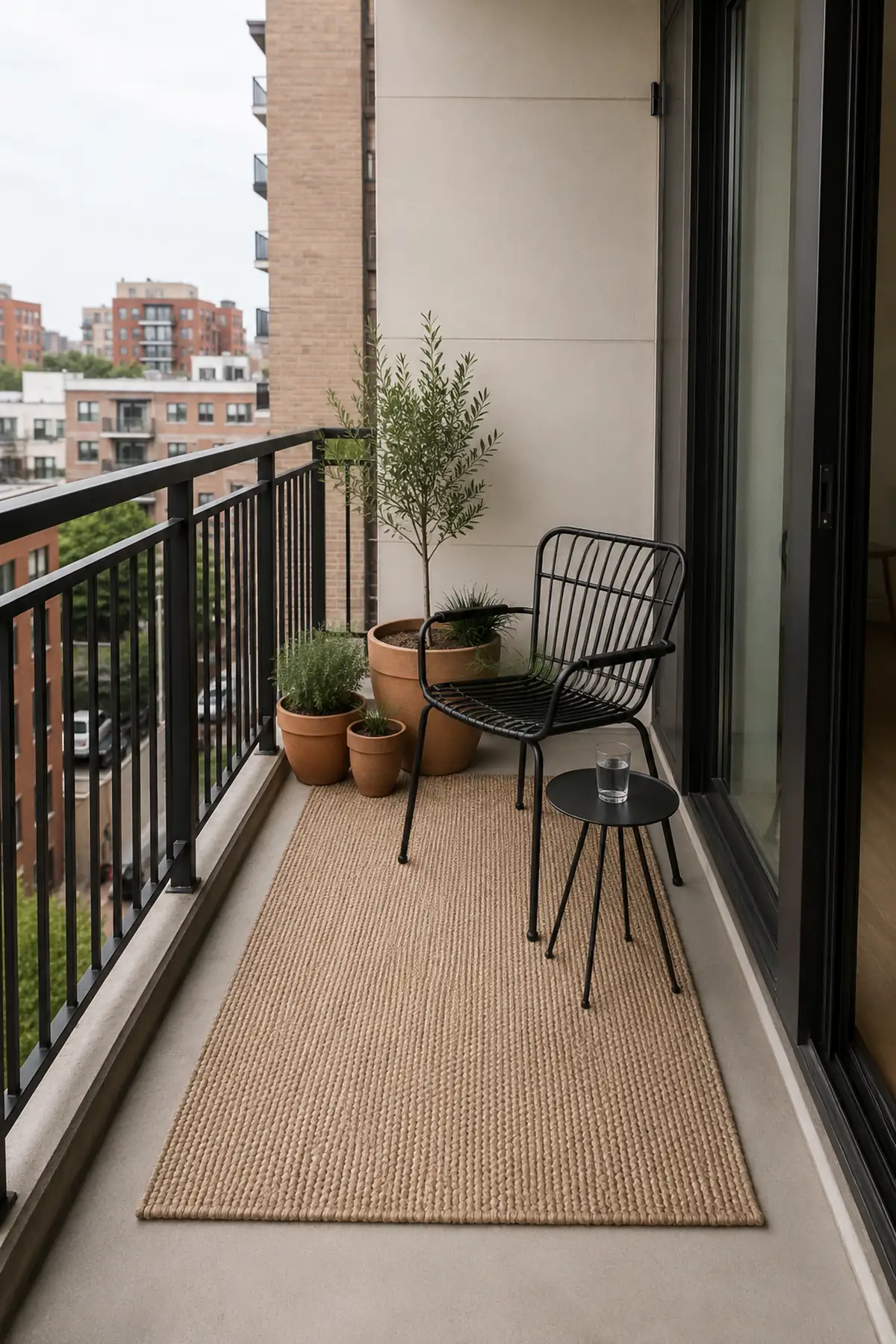 Small apartment balcony with a neutral outdoor rug, slim black chair, side table, and grouped terracotta planters