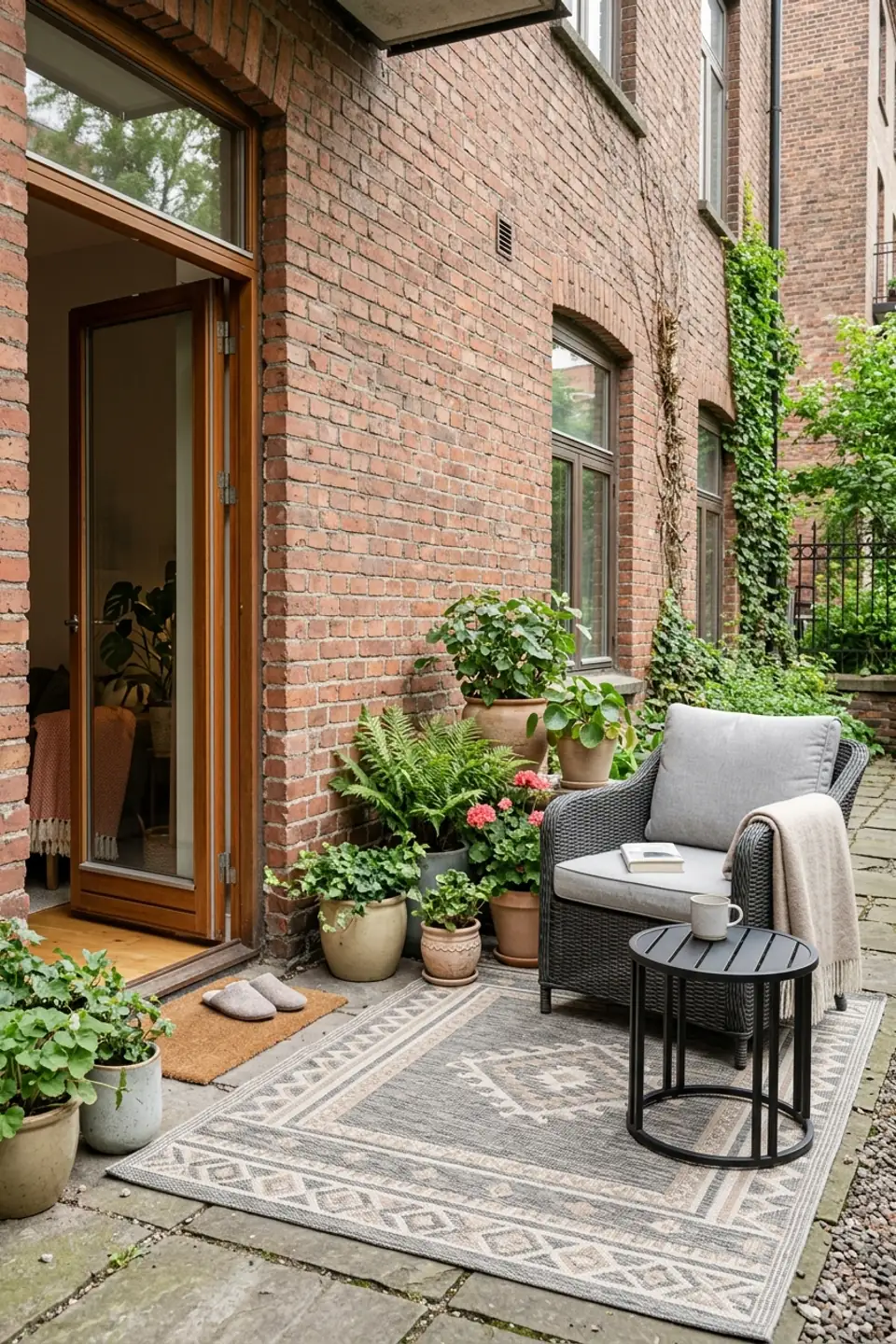 Neutral outdoor rug defining a compact seating zone on a tiny apartment patio
