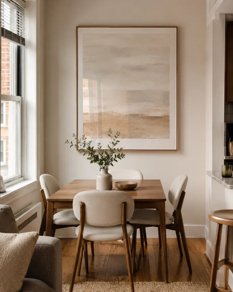 Renter-Friendly Home Upgrades: 19 Smart Ideas for Apartments 19 Small apartment dining nook with one oversized framed artwork above a slim wooden table and neutral chairs