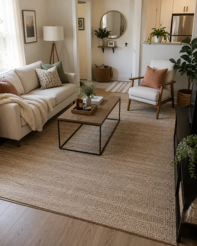 Renter-Friendly Decor: 23 Best Ideas That Won’t Damage Walls 10 Small rental living room with an oversized neutral rug placed beneath the sofa, armchair, and coffee table