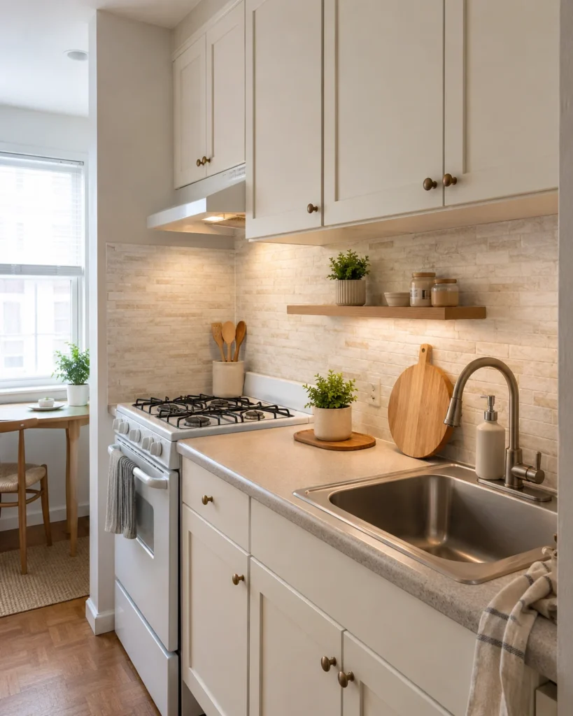 Renter-Friendly Home Upgrades: 19 Smart Ideas for Apartments 8 Compact rental kitchen with a soft stone-look peel-and-stick backsplash, white cabinets, warm wood accents, and minimal neutral styling