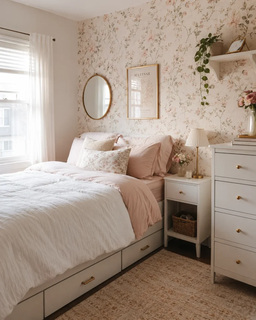 19 Girly Apartment Decor Ideas for a Stunning Cozy Aesthetic 8 Girly apartment bedroom with floral peel-and-stick wallpaper, blush bedding, and white furniture