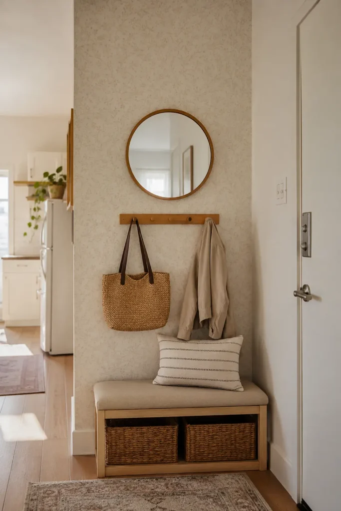 Renter-Friendly Decor: 23 Best Ideas That Won’t Damage Walls 3 Small rental apartment entry nook with peel-and-stick botanical wallpaper, round mirror, wooden bench, and woven storage baskets