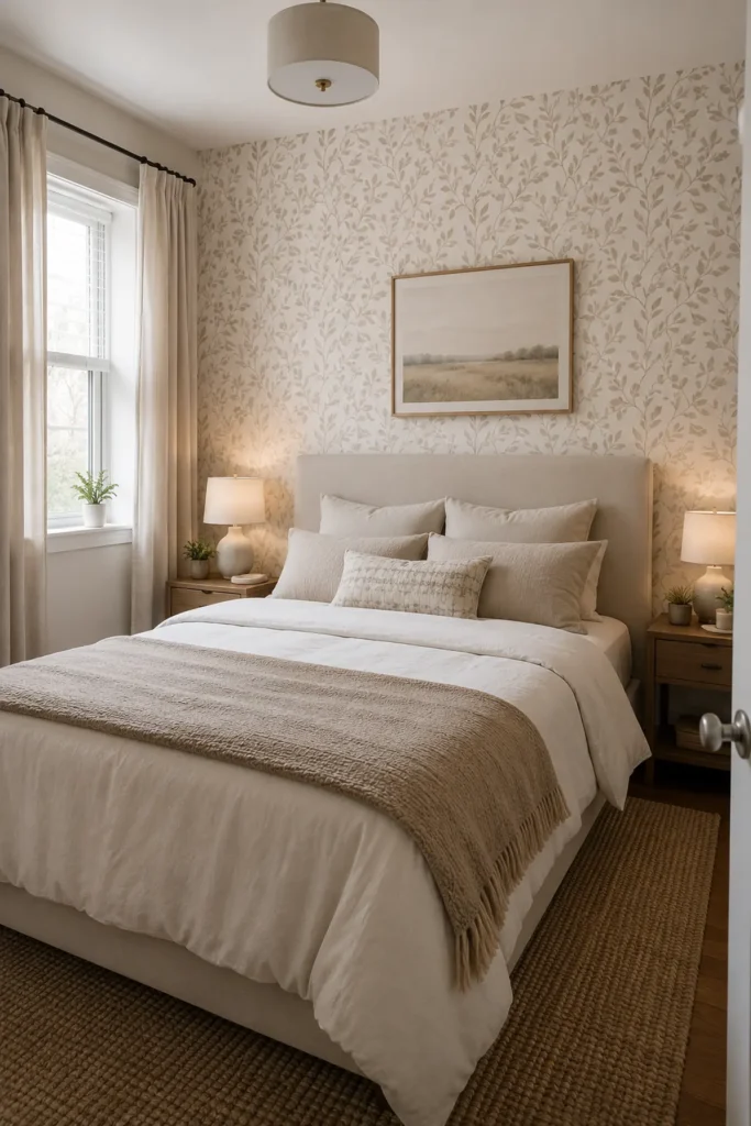Renter-Friendly Home Upgrades: 19 Smart Ideas for Apartments 3 Small renter-friendly bedroom with peel-and-stick wallpaper, neutral bedding, compact nightstands, and soft ambient lighting