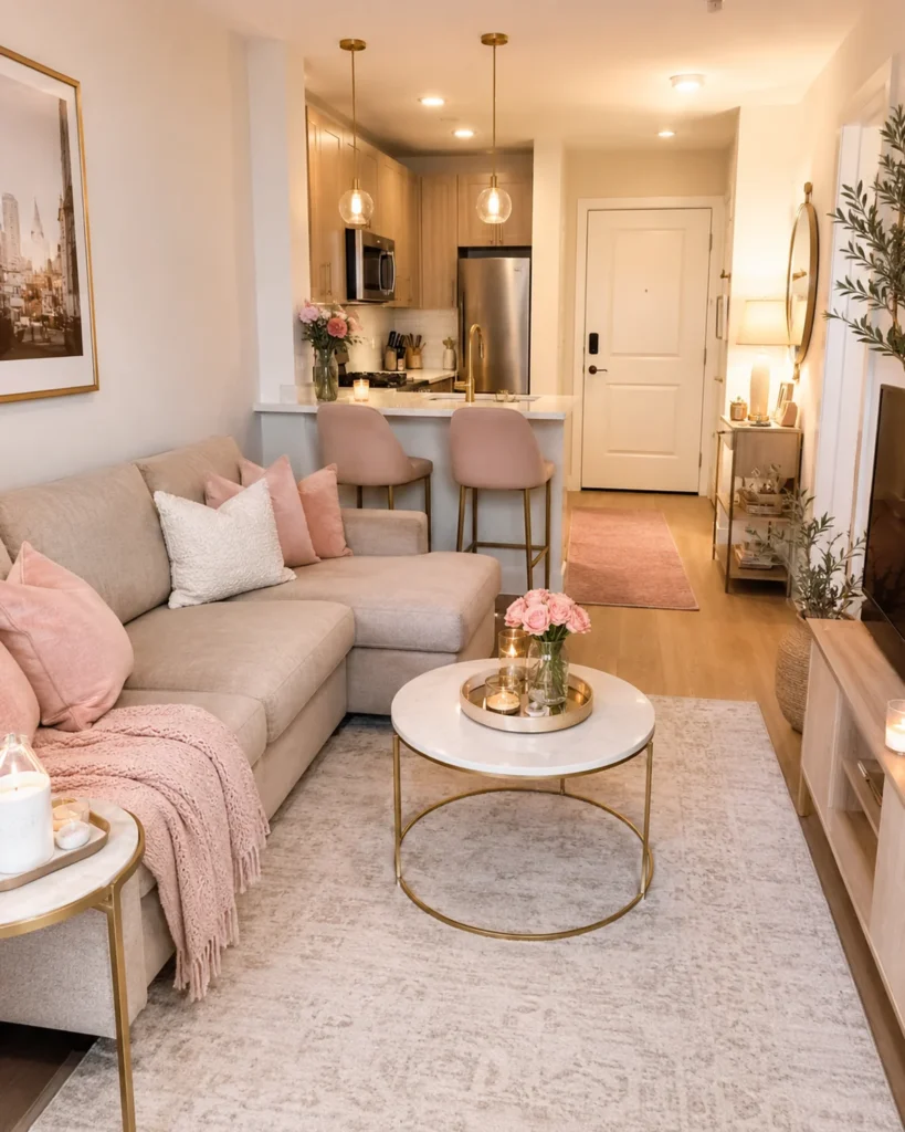 19 Girly Apartment Decor Ideas for a Stunning Cozy Aesthetic 11 Subtle gold decor accents in a feminine apartment with blush and cream styling