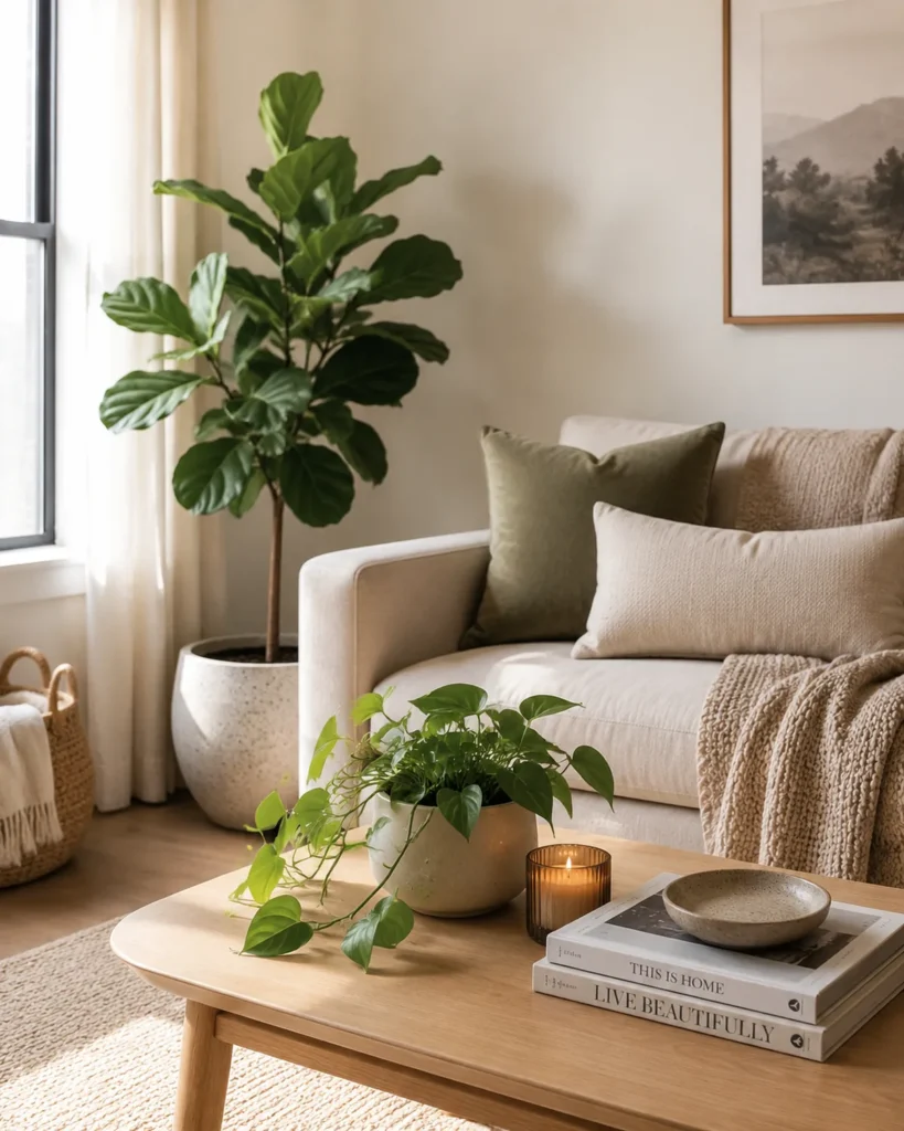 Renter-Friendly Decor: 23 Best Ideas That Won’t Damage Walls 23 Rental living room with a large floor plant and tabletop greenery in a cozy neutral interior