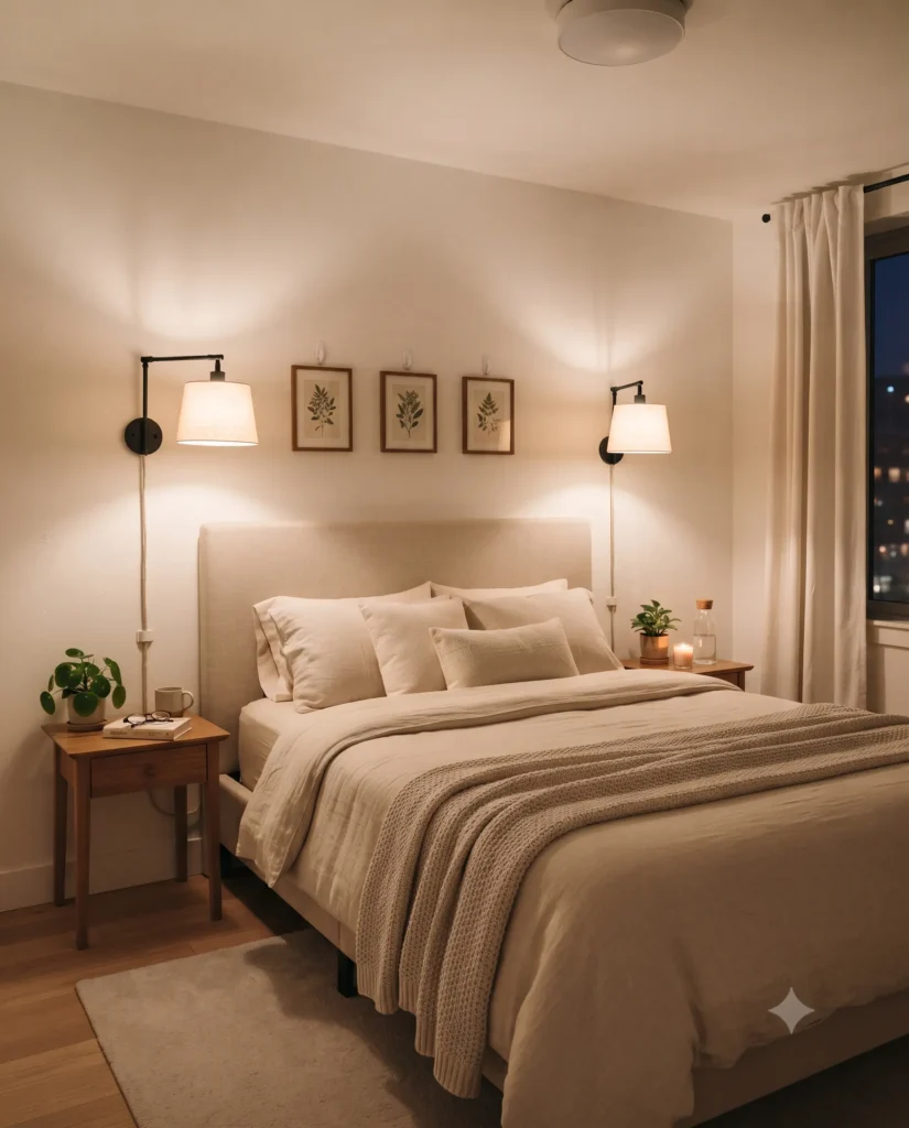 Renter-Friendly Decor: 23 Best Ideas That Won’t Damage Walls 7 Cozy rental bedroom with warm plug-in wall sconces, neutral bedding, botanical prints, and renter-friendly decor at night