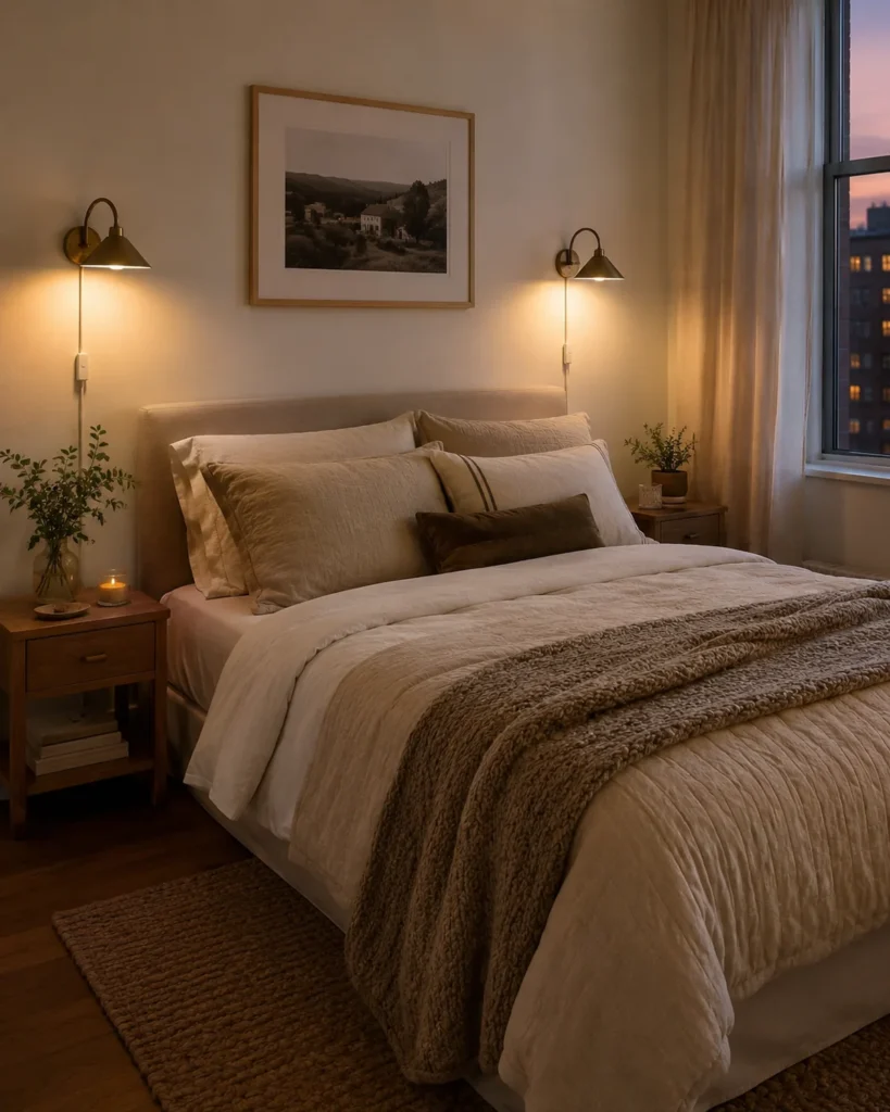 Renter-Friendly Home Upgrades: 19 Smart Ideas for Apartments 5 Cozy renter-friendly bedroom with matching plug-in wall sconces, neutral bedding, compact nightstands, and tidy cord covers