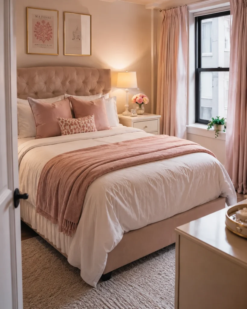 19 Girly Apartment Decor Ideas for a Stunning Cozy Aesthetic 17 Girly apartment bedroom with plush blush bedding and a tufted headboard