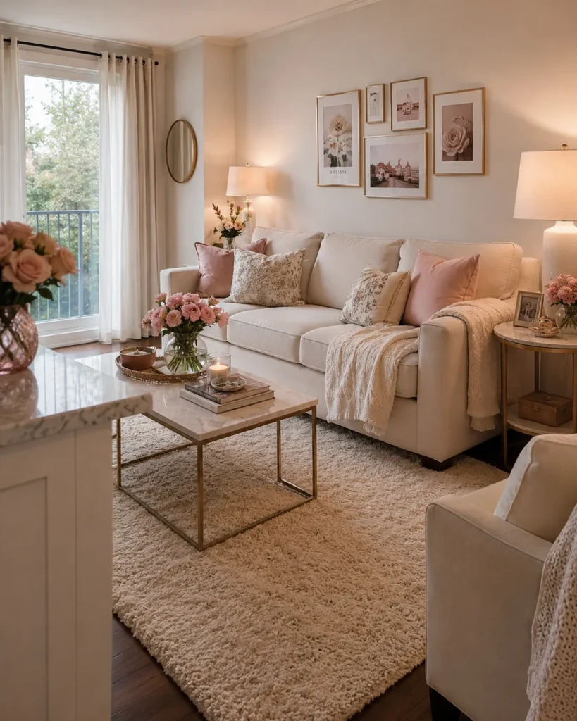 19 Girly Apartment Decor Ideas for a Stunning Cozy Aesthetic 5 Feminine apartment living room with a plush cream rug, blush pillows, cozy sofa, flowers, and warm lighting.