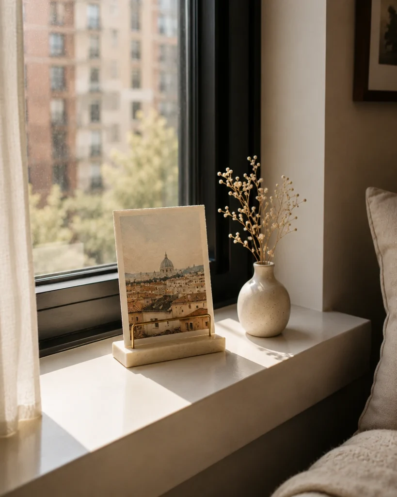 Postcard in a simple holder beside a small ceramic vase on a sunlit apartment window sill