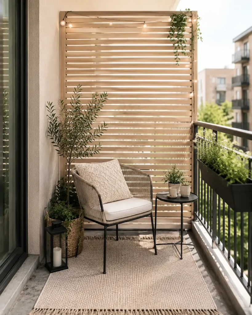 Small apartment balcony with a light wood privacy screen, cozy chair, rug, table, and potted greenery