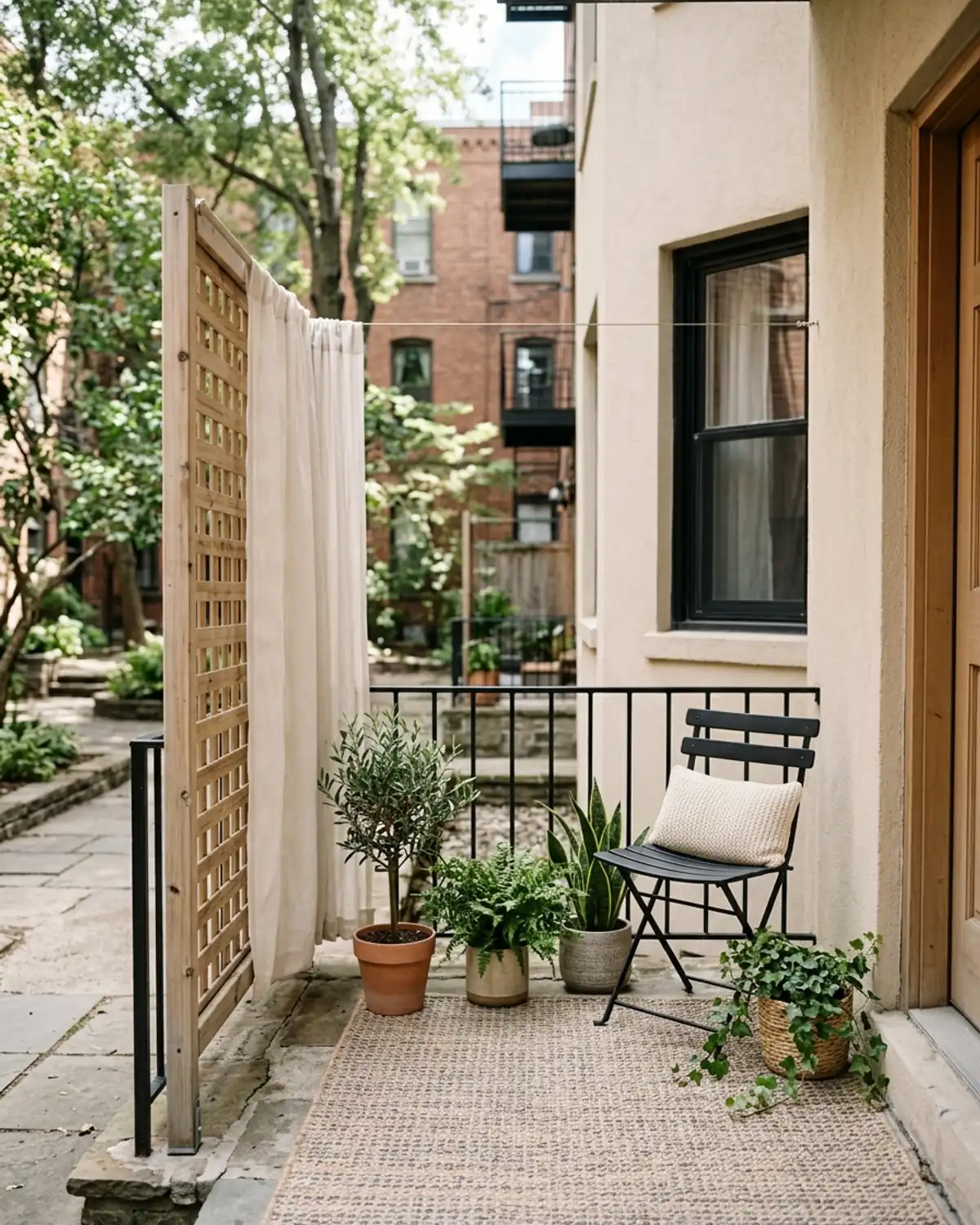 Tiny apartment patio with a light privacy screen, chair, rug, and greenery