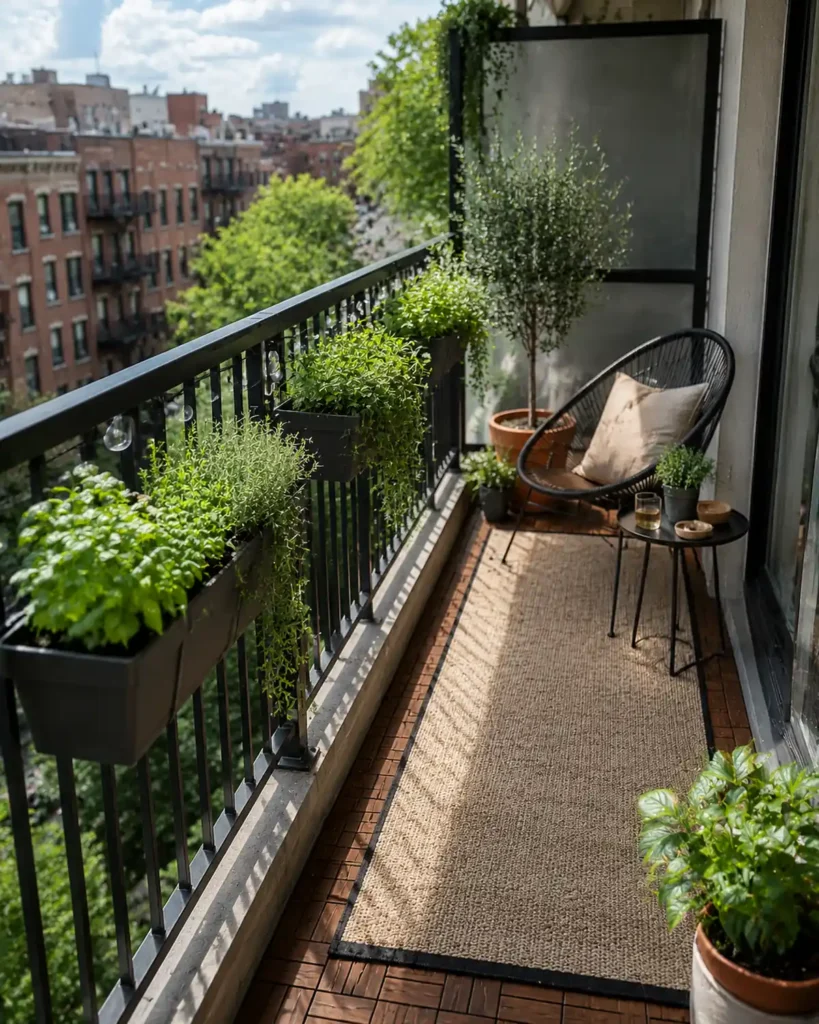 Small apartment balcony with secure railing planters, herbs, trailing greenery, compact chair, and open floor space