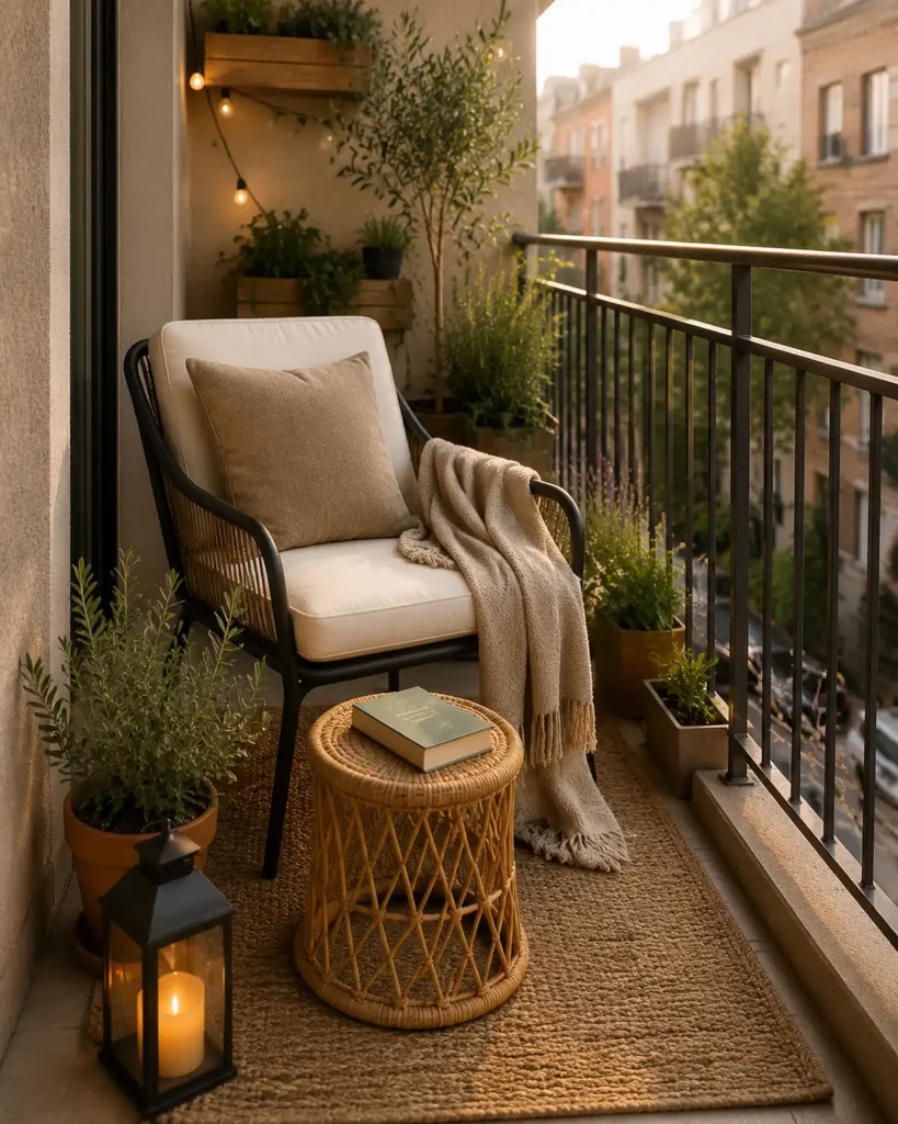 Compact apartment balcony reading nook with a lounge chair, woven stool, throw blanket, book, lantern, and plants