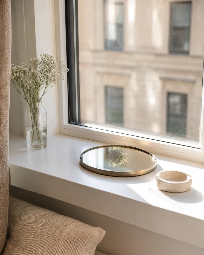 Small reflective dish styled on a bright apartment window sill with soft natural light