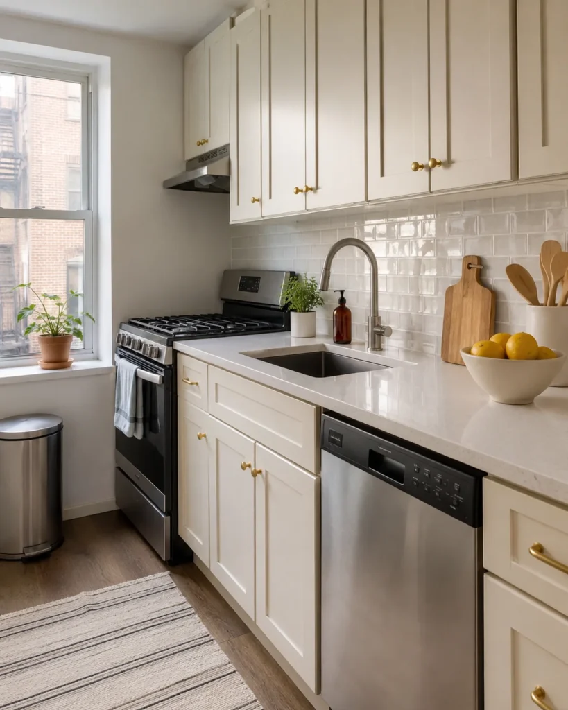 Renter-Friendly Decor: 23 Best Ideas That Won’t Damage Walls 14 Bright rental kitchen with removable backsplash tiles, neutral cabinetry, tidy countertops, and modern renter-friendly decor