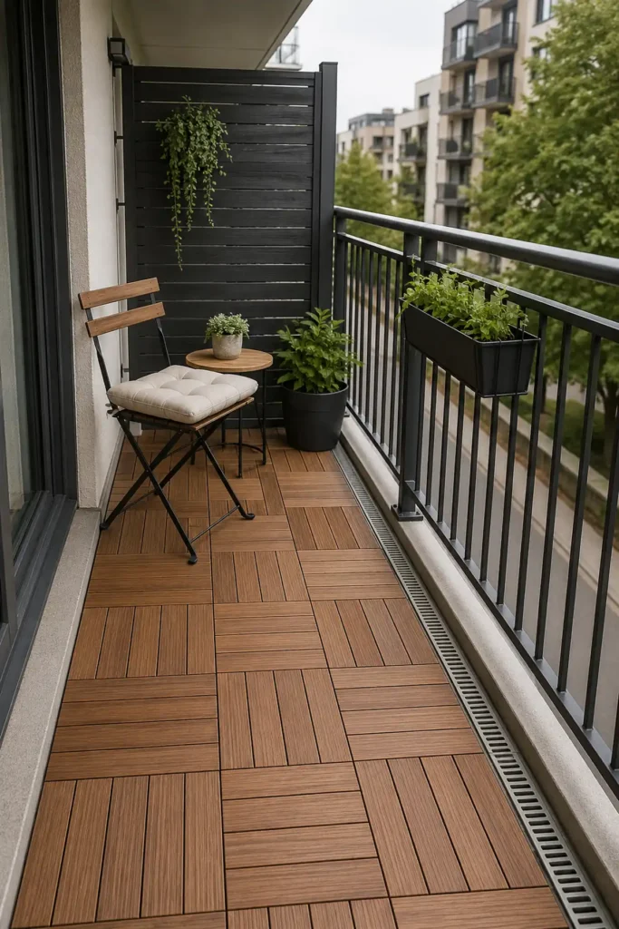 Small apartment balcony with removable wood-look deck tiles, a compact chair, slim table, and clear drainage