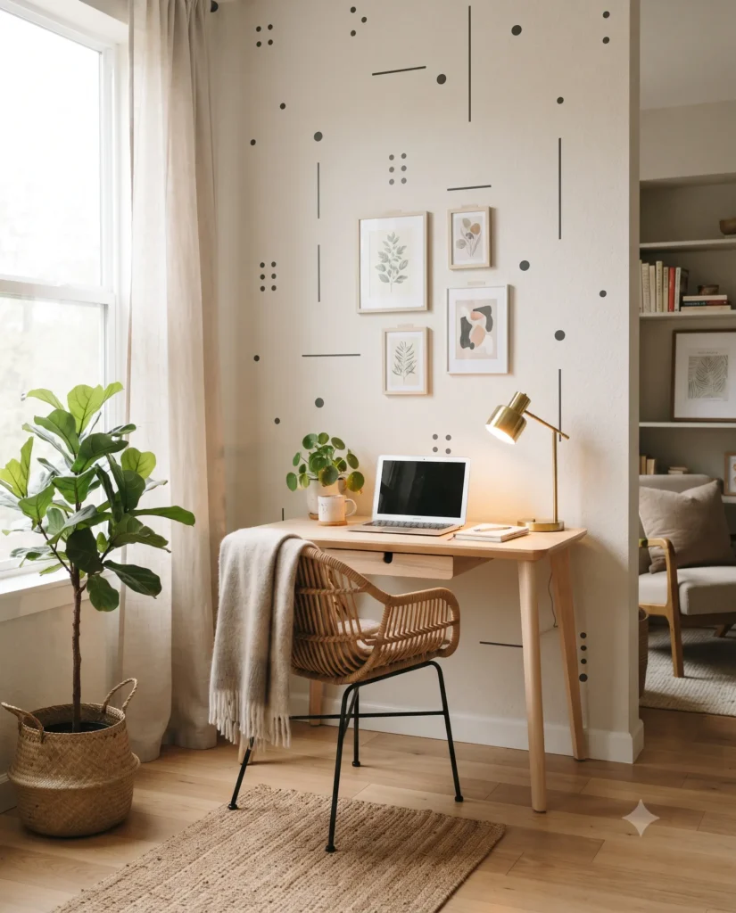 Renter-Friendly Decor: 23 Best Ideas That Won’t Damage Walls 8 A small, light wood desk and rattan chair in a bright apartment corner, styled with minimalist charcoal geometric wall decals and soft daylight.