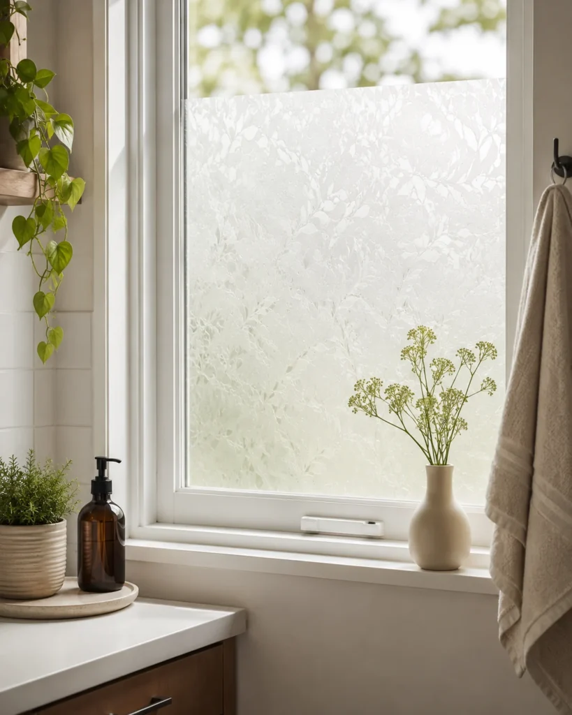 Renter-Friendly Home Upgrades: 19 Smart Ideas for Apartments 12 Apartment window with frosted removable privacy film, soft daylight, neutral decor, plants, and a ceramic vase