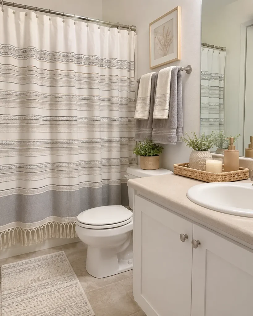 Renter-Friendly Decor: 23 Best Ideas That Won’t Damage Walls 15 Small rental bathroom styled with a patterned shower curtain, coordinated towels, woven tray, and neutral accessories.