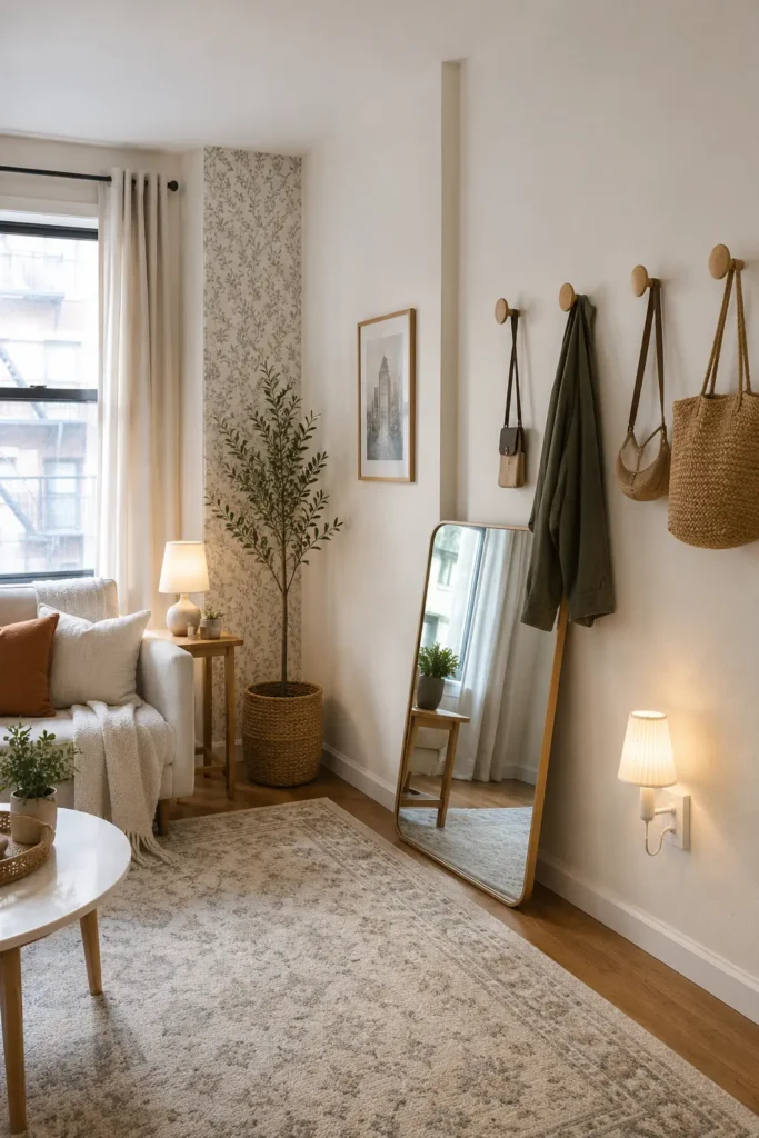 Renter-Friendly Decor: 23 Best Ideas That Won’t Damage Walls 2 Renter-friendly apartment corner with removable hooks, tension rod curtains, peel-and-stick wallpaper, leaning mirror, plug-in lamp, and neutral rug