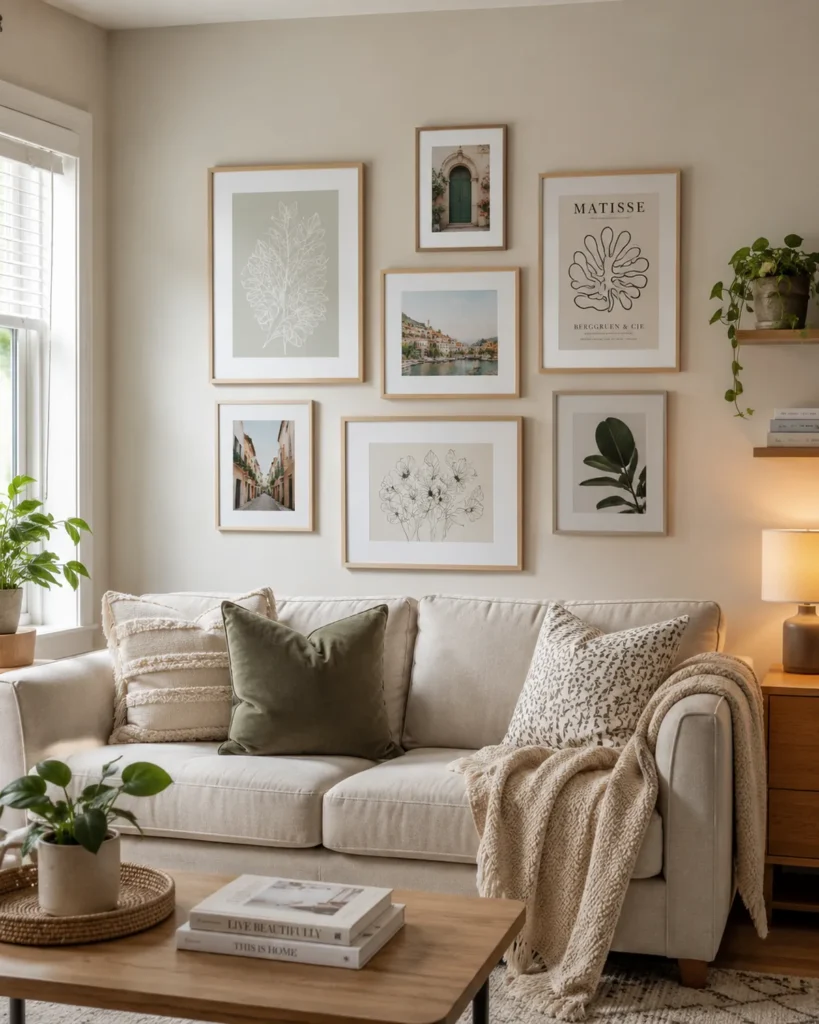 Renter-Friendly Decor: 23 Best Ideas That Won’t Damage Walls 9 Rental apartment gallery wall with lightweight framed prints above a cozy neutral sofa