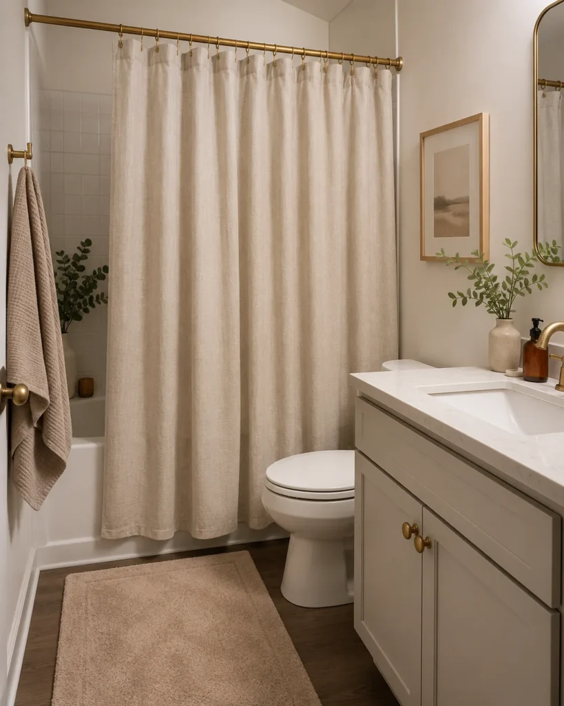 Renter-Friendly Home Upgrades: 19 Smart Ideas for Apartments 11 Small renter-friendly bathroom with a linen-look shower curtain, matching brass hooks, neutral bath mat, and tidy vanity